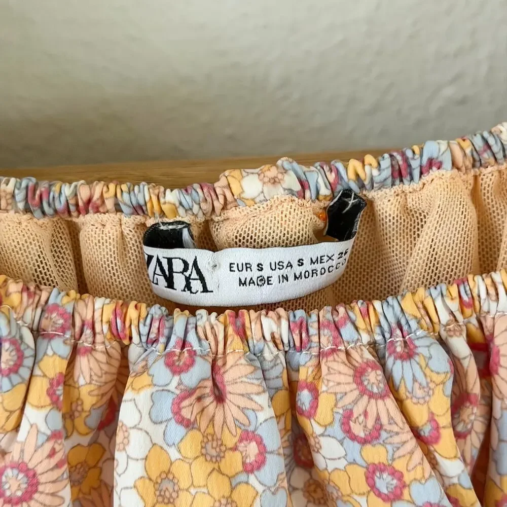 Zara Printed Satin Effect Floral Puff Sleeve Off Shoulder Crop Top Size Small